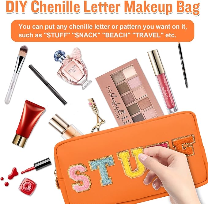 Nylon Small Makeup Bag for Purse, Cute Preppy Makeup Bag Cosmetic Zipper Pouch Purse, Waterproof Portable Travel Toiletry Bag Clutch Makeup Brush Bag Organizer Storage for Women Men Girls(Orange)