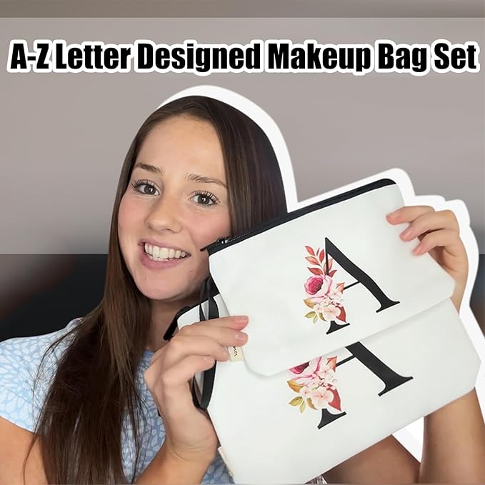 Vavabox A-Z Personalized Makeup Bag, Birthday Gifts for Women Mom, Gifts for Best Friend, Bride Bridesmaid Cosmetic bag (A, 03-White Set)
