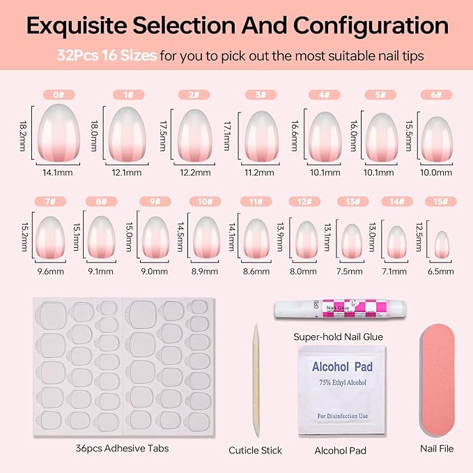 16 size super short almond press on nails for women,32 pcs Ombre petite oval nails with glue and stick ，Ombre
