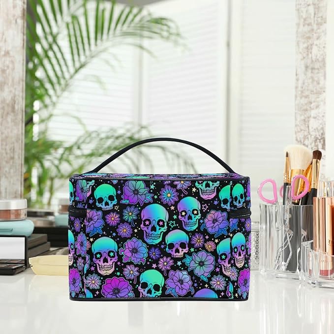 Goth Skull Makeup Bag, Gothic Skull Flowers Makeup Organizer Bags Toiletry Bag Box Travel Cosmetic Bag Make Up Train Case for Women Teen Girl Ladies