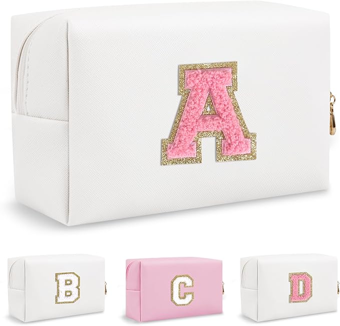 Personalized Initial Preppy Patch Makeup Bag, Small Travel Cute Cosmetic Pouch Makeup Case Toiletry Zipper Pouch, Monogram Waterproof PU Leather Chenille Letter Storage Bag Gift for Women(Letter A)