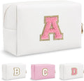 Personalized Initial Preppy Patch Makeup Bag, Small Travel Cute Cosmetic Pouch Makeup Case Toiletry Zipper Pouch, Monogram Waterproof PU Leather Chenille Letter Storage Bag Gift for Women(Letter A)