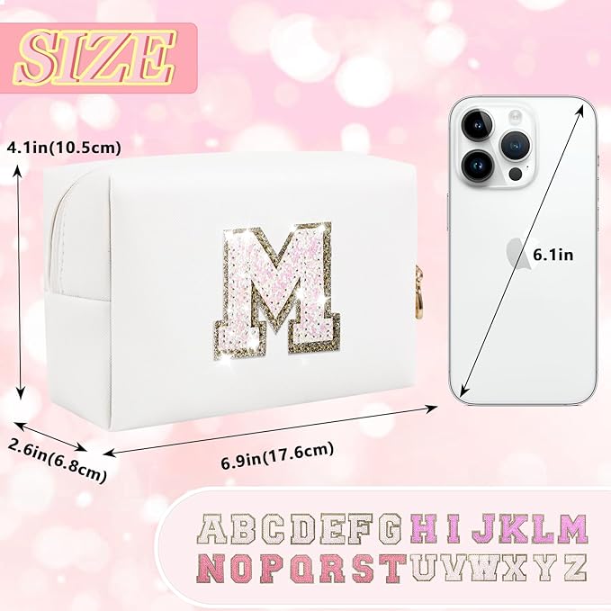 Initial Letter Patch Makeup Bag, Small Preppy A-Z Glitter Letter Cosmetic Bag, PU Leather Waterproof Travel Toiletry Bag, Cute Make Up Pouch Personalized Monogrammed Gift for Women Teen Girls