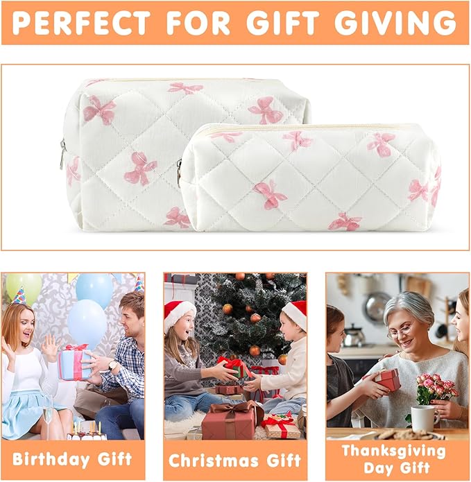 2Pcs Cotton Quilted Makeup Bag for Women Small Coquette Cosmetic Bags Cute Zipper Pink Bow Makeup Pouch Aesthetic Portable Pencil Case Travel Toiletry Bag Trendy Cloth Skincare Bags