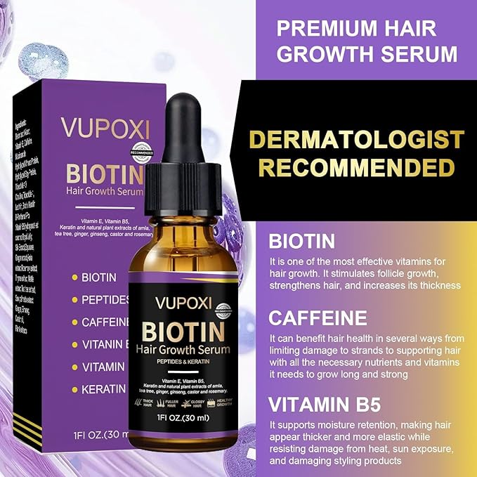 Biotin Hair Growth Serum - Topical Biotin Hair Serum for Hair Growth Infused with Peptides, Keratin, Caffeine, and Vitamins, All Hair Types 1 Fl Oz (1.01 FL OZ, Rosemary)