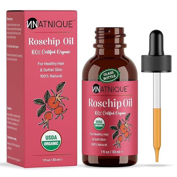 Natnique Organic Rosehip Seed Oil, 1 oz – USDA Certified Cold-Pressed Moisturizer for Face, Skin & Hair – Natural Hydrating Serum for Wrinkles & Fine Lines – Ideal for Gua Sha Massage & Radiant Glow