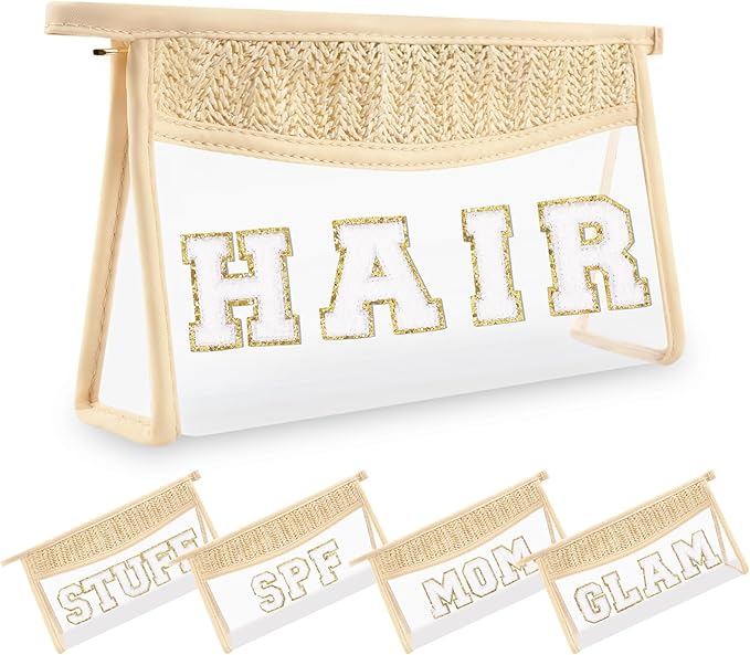Small Boho Straw Clear Hair Makeup Bags for Women&Girls, Zipper Cosmetic Bag Chenille Varsity Letter Patch Bag, Preppy Cute Toiletry Pouch, Trendy Organizer Storage Bag for Beach Travel Essentials