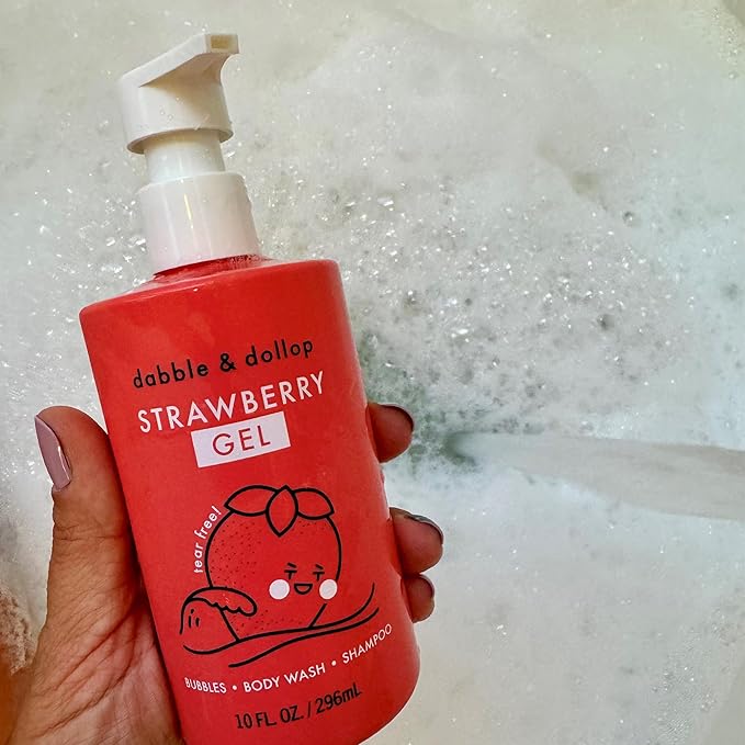 Dabble & Dollop All Natural Strawberry 3-in-1 Body Wash, Shampoo & Bubble Bath for Kids – Tear-Free, Gentle, Hypoallergenic, Vegan, No Parabens or Sulfates (10 fl oz, Pack of 2)