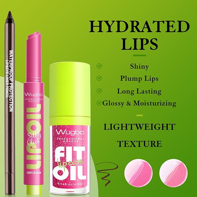 Brown Lip Liner & Pink Lip Gloss Set Moisturizing Lip Kit, Smooth Dark Brown Lip Liner Pencil Hydrating Lip Tinted Oil Non Sticky Lip Click Balm Lightweight Long Lasting Daily Lip Care for Women