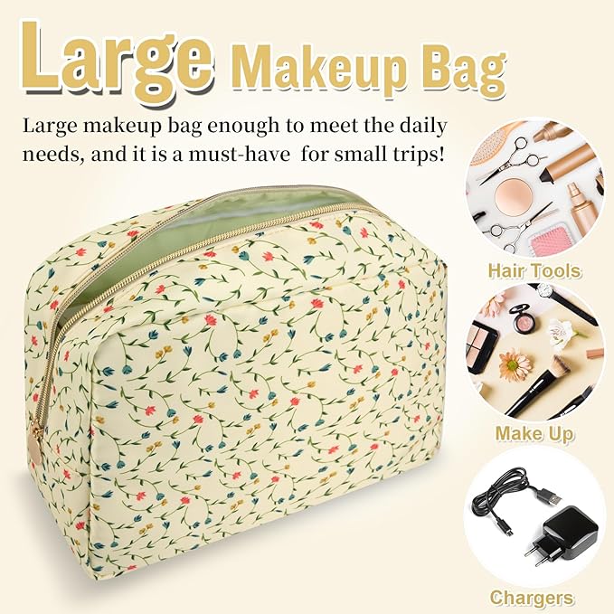 Nylon Large Floral Makeup Organizer Bag, Preppy Big Cute Flower Cosmetic Zipper Pouch Multi-compartment with Dividers, Waterproof Toiletry Make Up Bag Travel Essentials for Women(Light Yellow-Flower)