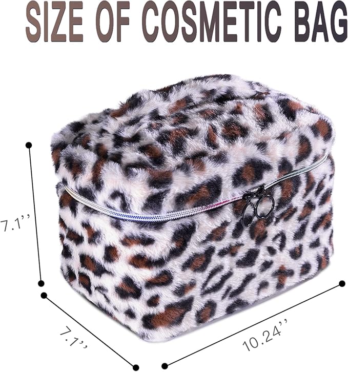 Plush Travel Makeup Bag Toiletry bag for Women Soft Fluffy Cosmetic Bag Portable Foldable (Beige Leopard)