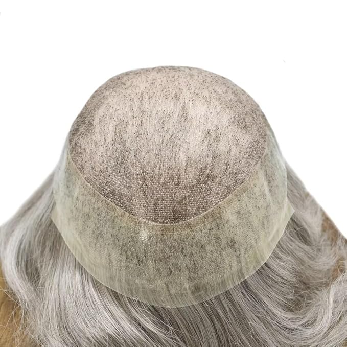 FACE MIRACLE Mens Toupee Lace Front Hairpieces Soft Human Hair Replacement System Natural Hairline Toupee for Men French Lace Poly V-Looped Mens hair Units 7"X9" #1B80 Off Black with 80% Gray
