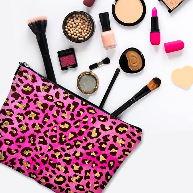 Small Makeup Bag for Purse Cute Canvas Waterproof Cosmetic Bags for Women Zipper Travel Toiletry Pouch-Leopard Makeup Bags
