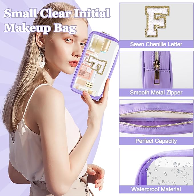 Small Clear Personalized Initial Makeup Bag,Nylon Preppy A-Z Chenille Letter Patch Cosmetic Pouch Beach Toiletry Bag,Waterproof Zip Travel Purse Storage Bag Organizer for Women Girls(Purple-White F)