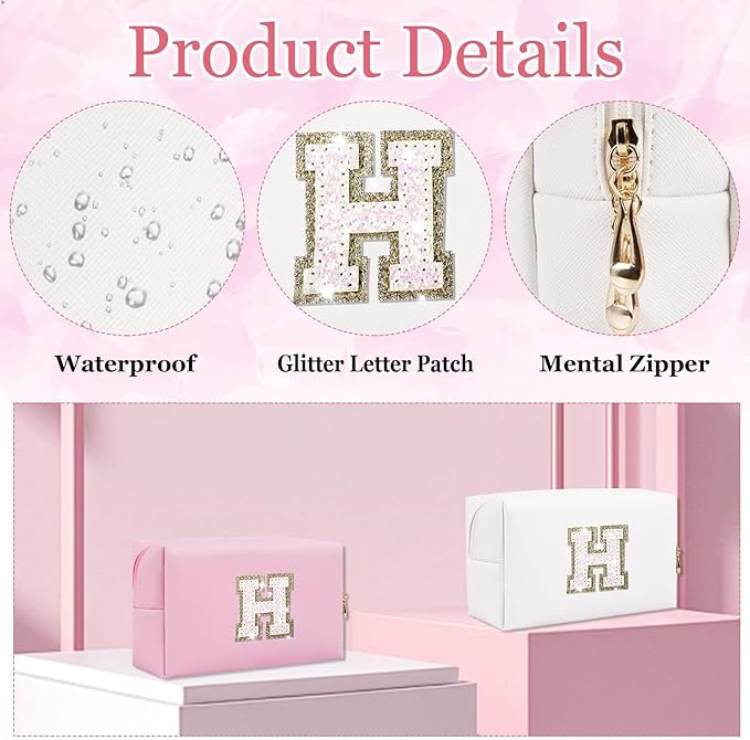 Small Personalized Glitter Initial Letter Makeup Bag, Cute PU Leather Chenille Letters Cosmetic Bag Travel Makeup Pouch, Preppy Travel Organizer Zipper Pouch for Women&Girls（White-H）
