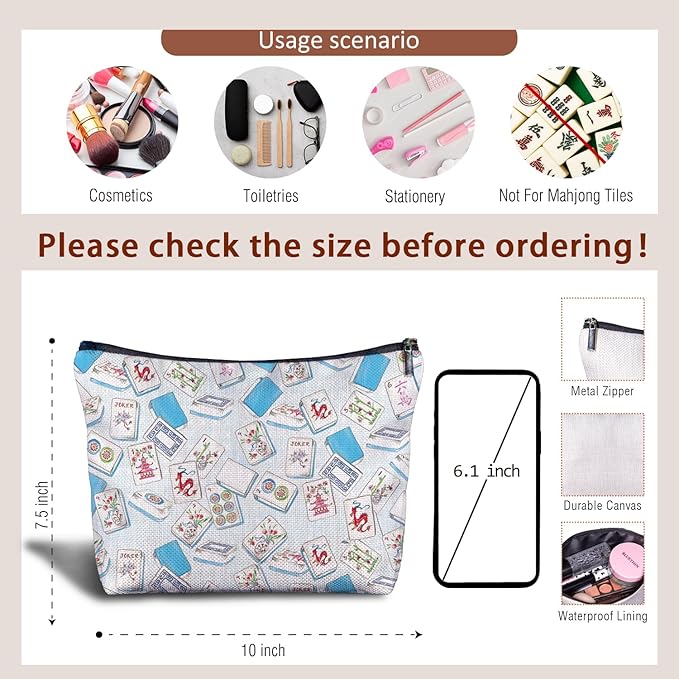 Light Blue Chinoiserie Mahjong Makeup Bag, Mahjong Gifts Cosmetic Bags for Women, Gifts for Mah Jong Players Lovers Makeup Zipper Pouch