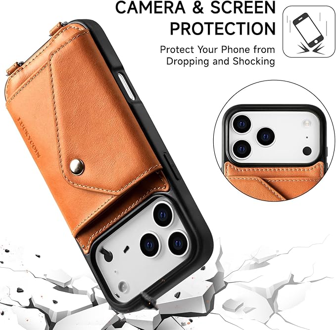 LUCKYCOIN Crossbody Wallet Phone Case for iPhone 17 Pro Max,100% Genuine Leather Wallet Phone Case with Expandable Flip Card Holder,Phone Purse for Women with Adjustable Removable Strap - Tan