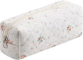 Cute Floral Cotton Makeup Brush Cosmetic Bag for Women, Travel Quilted Zipper Make Up Bag, Flowers Toiletry Organizer Case Kawaii Makeup Cosmetic Travel Cloth Pouch (White Small Flower)