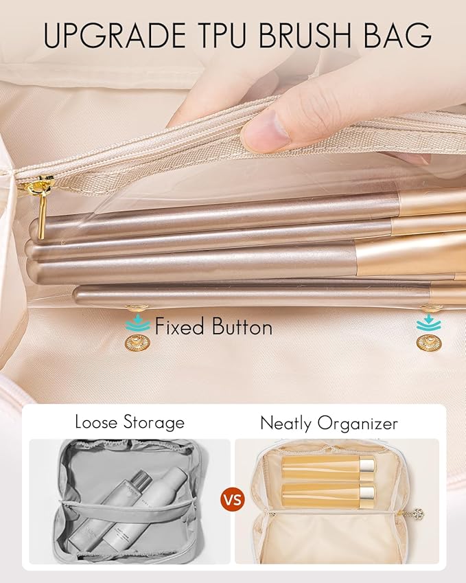 Vlando Makeup Bag,Large Capacity Toiletry Bag for Women Waterproof Portable Make up Pouch PU Leather Open Flat Cosmetic Bag(Silver)