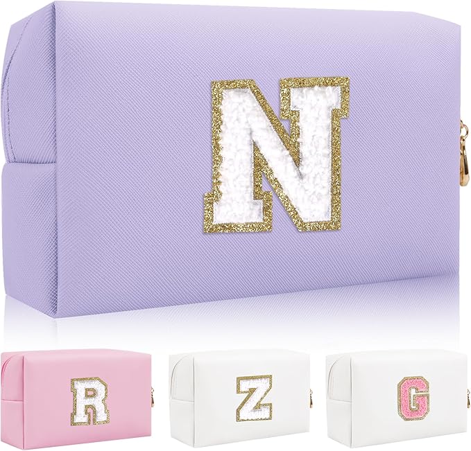 Iqimott Personalized Initial Letter Patch Makeup Bag, Preppy Small Chenille Letter Cosmetic Bag with Zipper, PU Leather Waterproof Travel Toiletry Bag Monogram Make Up Pouch for Women Girls(Letter N)