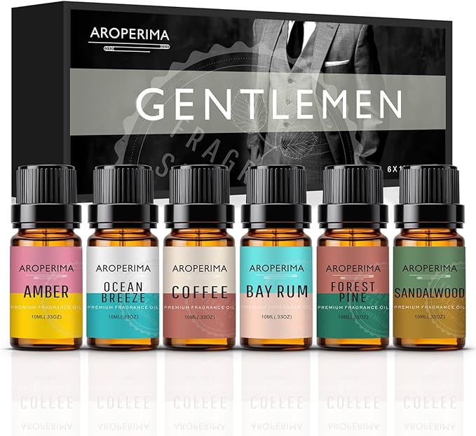 Gentlemen Fragrance Essential Oil Set - Sandalwood, Forest Pine, Bay Rum, Ocean Breeze, Coffee, Amber 6x10ML for Diffusers, Aromatherapy, Massage, Perfume, Soap Making and Candle