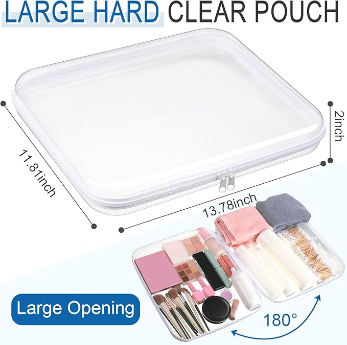 Sanwuta 6 Pcs Clear Hard Zipper Case Hard Plastic Zipper Pouches Makeup Bag Pencil Pouches Transparent Cases for Snacks Plastic Storage Organizer Box for Travel(White,13.78 x 11.81 x 2 Inch)