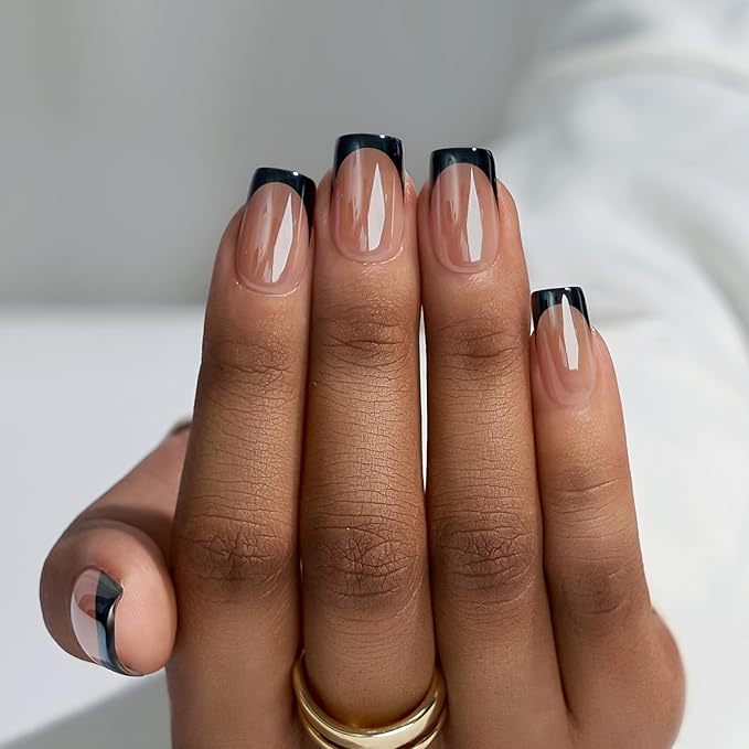 BTArtbox Press on Nails Short Square - Black Chrome French Tip Press On Nails, Glazed Glue On Nails for Women Gifts, Natural Stick On Nails in 15 Sizes - 30 Fake Nails Kit, Braveheart