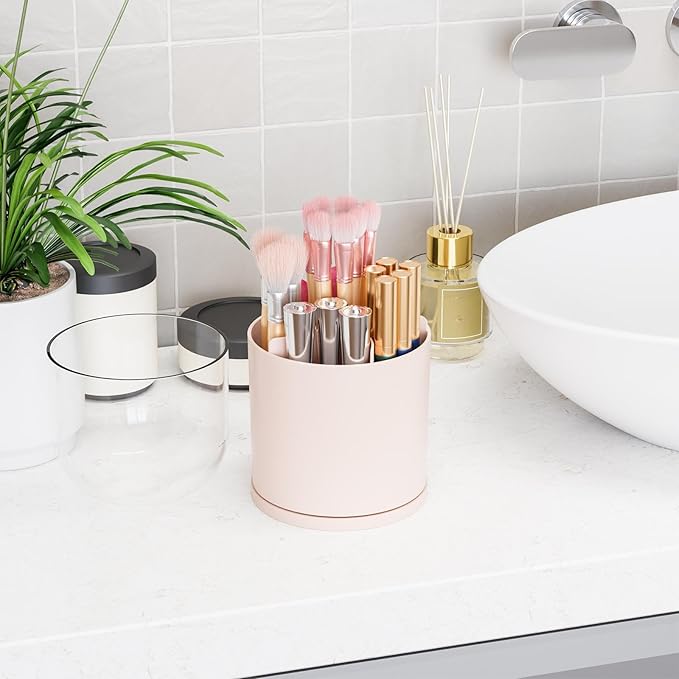 Yieach Rotating Acrylic Makeup Brush Holder with Lid for Vanity,Bathroom,Countertop,Covered Makeup Brushes Organizer,Round Spinning Cosmetic Brushes Holder and Make up Brush Storage with Cover,Pink