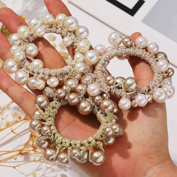 Fashey Pearl Hair Scrunchies Beaded Hair Ties Elastic Hair Bands Ponytail Holder Hair Accessories for Women and Girls（Pack of 3）