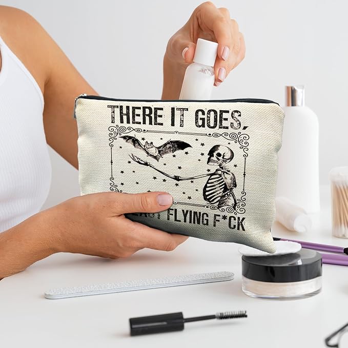 Halloween Makeup Bag, Goth Skeleton & Bat Design, White, Waterproof Linen Cosmetic Bag for Women