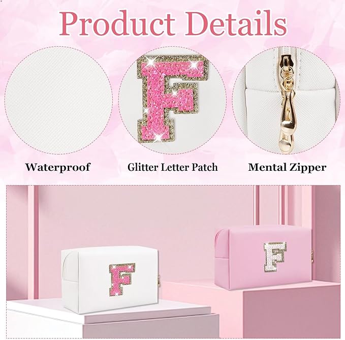 Small Personalized Glitter Initial Letter Makeup Bag, Cute PU Leather Chenille Letters Cosmetic Bag Travel Makeup Pouch, Preppy Travel Organizer Zipper Pouch for Women&Girls（WhiteRosePink-F）