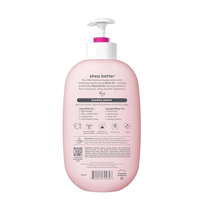 eos Shea Better Body Lotion Jasmine Peach, 24-Hour Moisture Skin Care, Lightweight & Non-Greasy, Natural Shea, Vegan, 16 fl oz