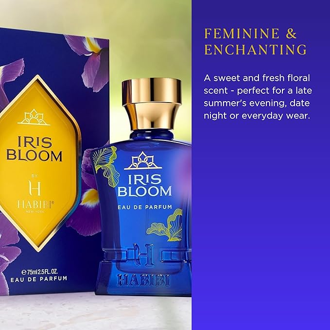H HABIBI Iris Bloom Arabian Perfume for Women - 2.5 oz (75ML) Long Lasting Women's Fragrances, Floral Scent with Blackcurrant, Jasmine & Saffron Notes
