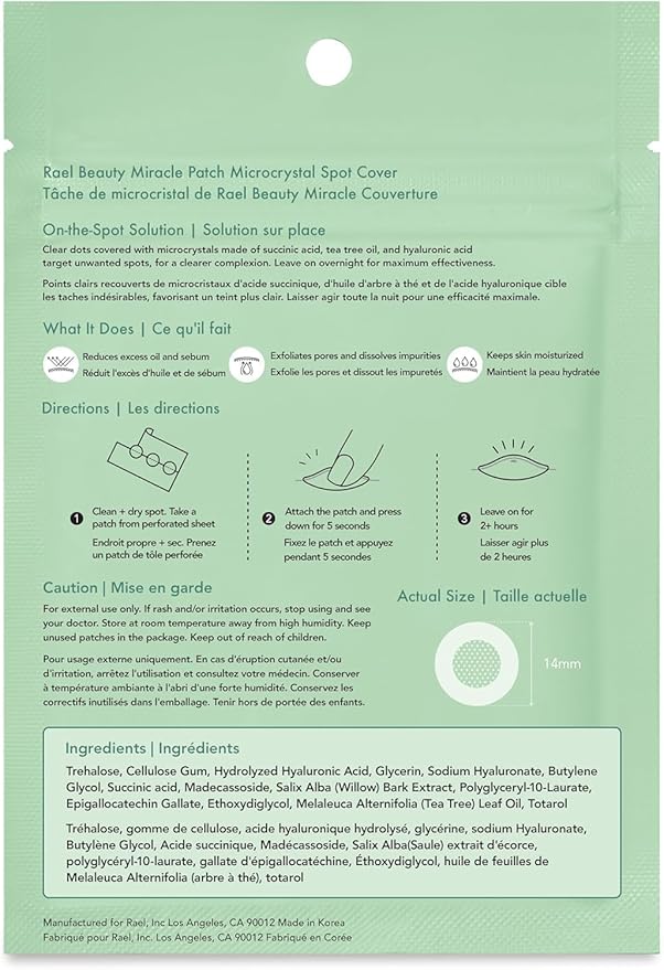 Rael Pimple Patches, Miracle Microcrystal Spot Cover - Hydrocolloid Acne Pimple Patch with Tea Tree Oil, Early Stage Zits and Blemish, Korean Skin Care (9 Count)