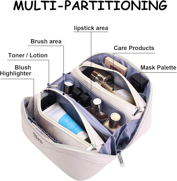 BOYATU Travel Makeup Bag for Women: Cosmetic Organizer Bag with Compartments - Leather Make up Bags Set of 3 (G-2-White)