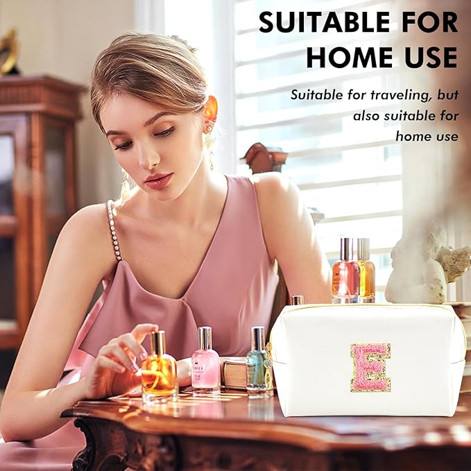 Initial Makeup Bag Personalized Preppy Travel Small Cosmetic Bag Cute PU White Chenille Letter Makeup Pouch for Purse Waterproof Zippered Toiletry Organizer for Women Girls Kids Friends (E)