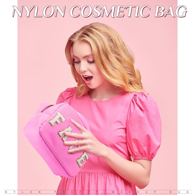 Remerry 4 PCS Nylon Cosmetic Bags Waterproof Spacious Travel Makeup Organizer for Women Chenille Letter Preppy Zipper Pouch Face Stuff Skin Hair Organizer Gift(Rose Red, Pink, Light Pink, White)