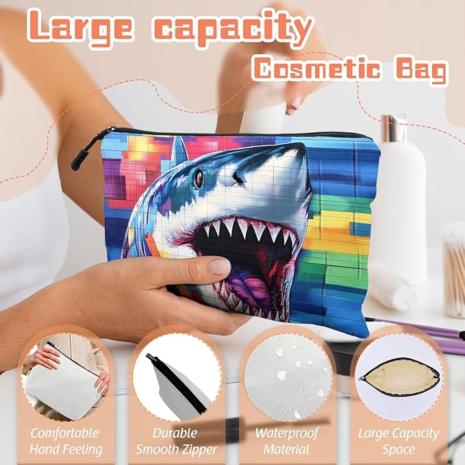 Cosmetic Bags Travel Makeup Toilet Case Waterproof Pouch for Women Girls 6.7X9.45inches - Graffiti - Style Shark Painting With Colorful Squares