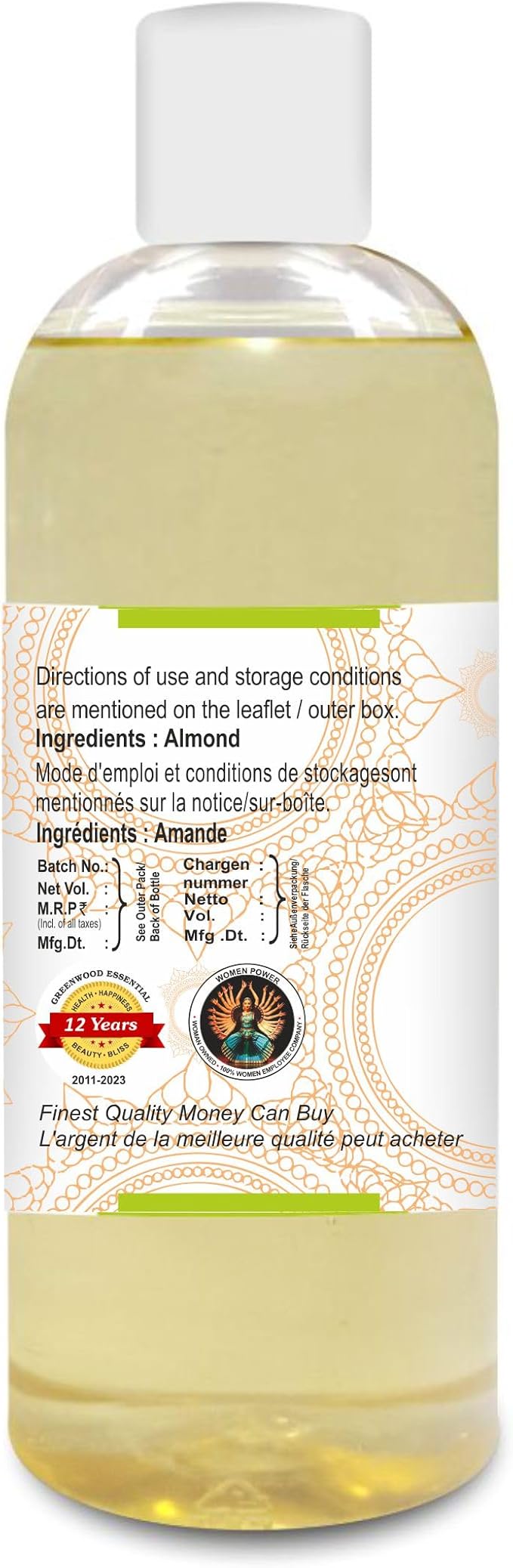 Greenwood Essential Pure Almond Oil (Prunus dulcis) Cold Pressed 200ml (6.76 oz)