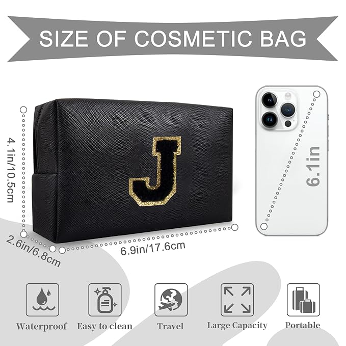 Personalized Initial A-Z Preppy Patch Makeup Bag,Small PU Chenille Letter Cosmetic Bag with Zipper for Teen Girls,Black Cute Toiletry Organizer Bag,Monogram Makeup Case Gift for Women Girls,Letter J