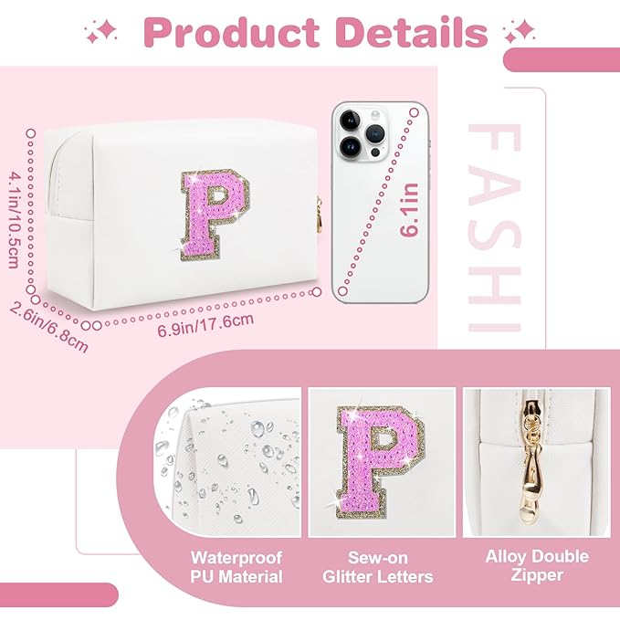 Small Initial Patch Makeup Bag Personalized Gifts Make Up Bag,White Cute PU Leather Glitter Letter Cosmetic Bag with Zipper,Trendy Portable Travel Toiletry Pouch,Preppy Stuff for Teen Girls Women P