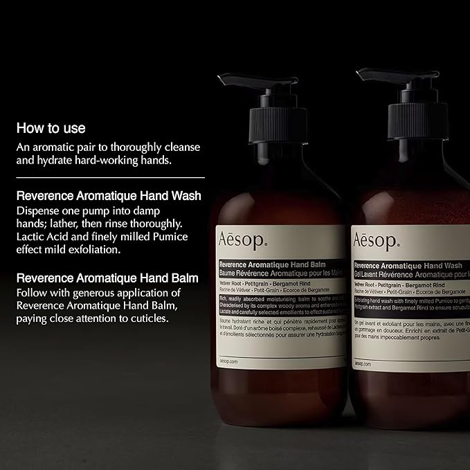 Aesop Reverence Hand Wash & Balm Set | Woody, Earthy, Smoky Duo that Exfoliates & Hydrates Hands Soft, Purified Hands | 16.9 oz / 500 mL