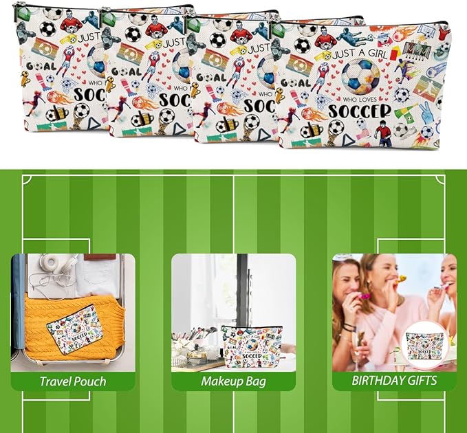 4pcs Soccer Makeup Bags for Women, Canvas Soccer Gifts Cosmetic Bag Pouch Accessories for Players Teams Stuff, Sport Team Birthday Gifts for Soccer Lovers Her Friends Women