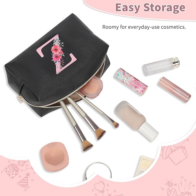 Personalized Initial Makeup Bag, Birthday Gifts for Women and Girls, Small Makeup Pouch Travel Toiletry Bag, Make Up Organizer Bag Gift Trendy Stuff for Friend Mom Teacher, Black