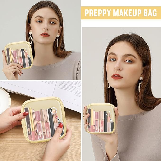 Mini Clear Travel Makeup Organizer Bag for Purse, Small Cute Makeup Bag Preppy Cosmetic Zipper Pouch Purse, Transparent PVC & Nylon Waterproof Coin Pouch Sanitary Napkin Storage Bag for Women(Beige)