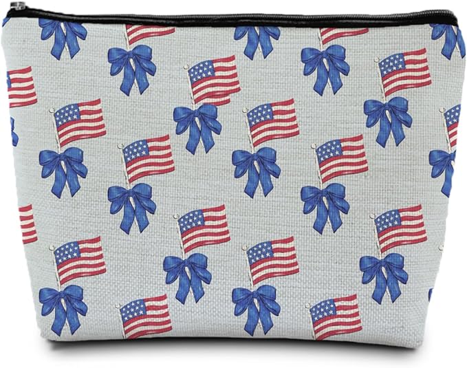 Coquette Blue Bow American Flag Makeup Bag, Red White and Blue Patriotic Cosmetic Bags Gifts for Women, Preppy Girly Portable Travel Toiletry Bag Zipper Makeup Pouch