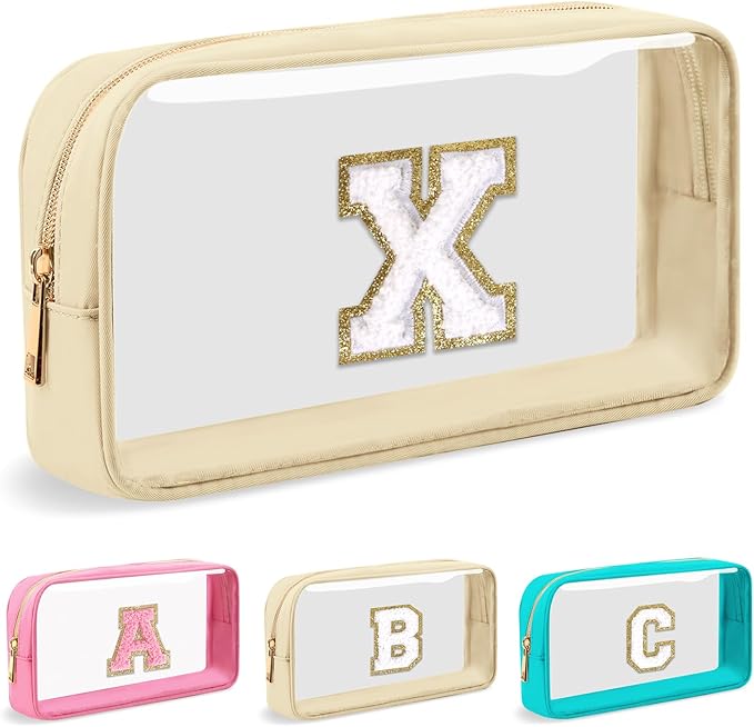 Personalized Initial Letter Clear Makeup Bag,Preppy Small Nylon&PVC Cosmetic Zipper Bag with Chenille Letter,Portable Beach Travel Skincare Toiletry Bag,Trendy Monogram Gift for Teen Girls Women,X