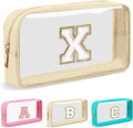 Personalized Initial Letter Clear Makeup Bag,Preppy Small Nylon&PVC Cosmetic Zipper Bag with Chenille Letter,Portable Beach Travel Skincare Toiletry Bag,Trendy Monogram Gift for Teen Girls Women,X