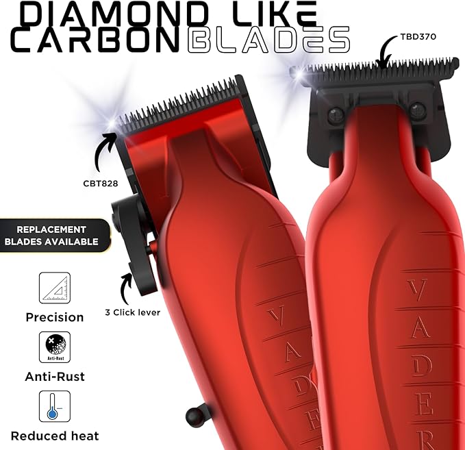 Supreme Trimmer 2-in-1 Vader Clipper & Trimmer Kit | Cordless Beard Trimmer & Mens Clippers Set for Barbers or Home | with DLC Coated Blades | Red