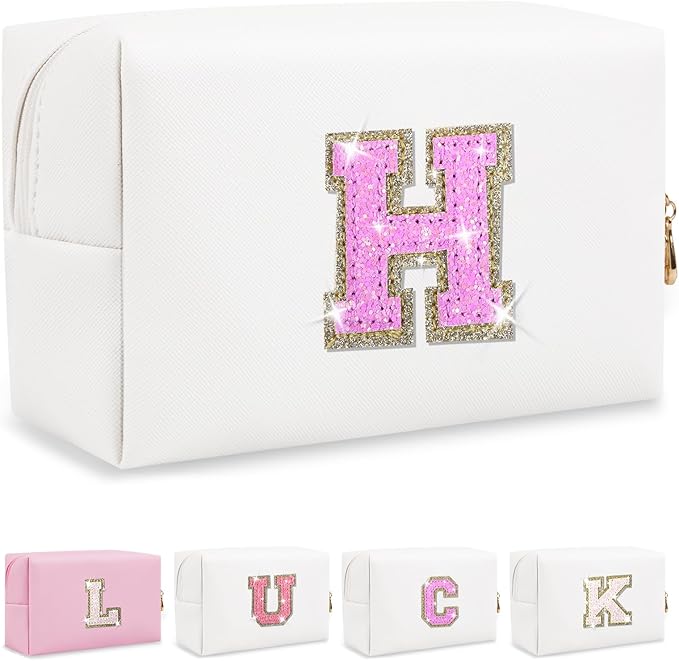 Personalized Initial Letter Makeup Bag, Small Glitter Letter Patch Cosmetic Pouch Zipper, Preppy Makeup Organizer PU Waterproof Travel Toiletry Bag, Monogrammed Birthday Gift for Women Girls